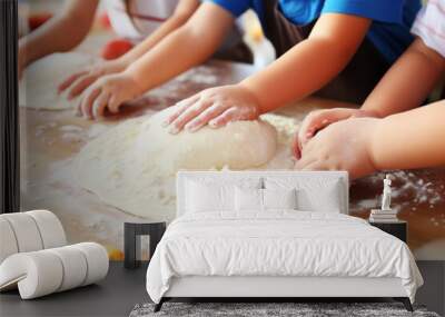 Three children kneading cookie dough on kitchen counter Wall mural