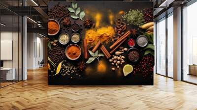 Top view of various Indian spices and seasonings on a table Wall mural