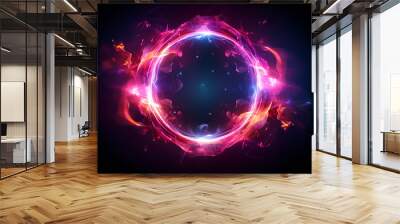 Abstract neon energy sphere of particles and waves of magical glowing on a dark background, circle and loop frames with magic purple and pink flame and sparks isolated on transparent
 Wall mural