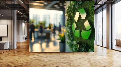 Green recycle symbol icon sign with professional environment background to represent recycling or sorting of waste at office and for working people Wall mural