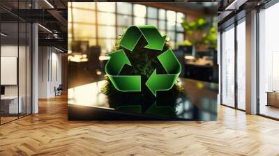 Green recycle symbol icon sign with professional environment background to represent recycling or sorting of waste at office and for working people
 Wall mural