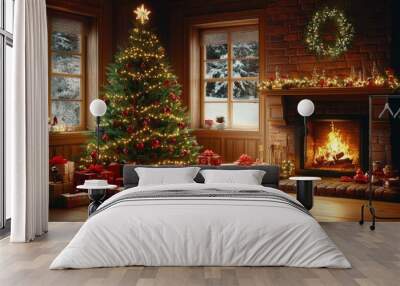 interior christmas. magic glowing tree, fireplace, gifts in dark Wall mural