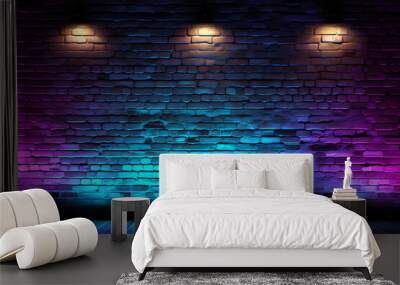 Modern futuristic neon lights on old grunge brick wall room background. 3d rendering
 Wall mural