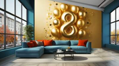 Gold balloon party 8 background luxury frame ad design banner, concept of birthday happy new year celebration Wall mural