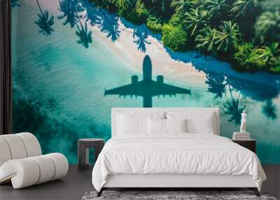 A plane is flying over a beach with palm trees Wall mural