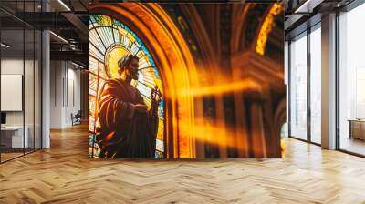 A stained glass window of a man holding a cross Wall mural