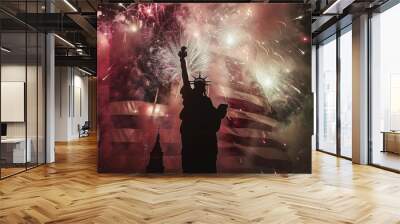 A statue of liberty is silhouetted against a backdrop of fireworks Wall mural