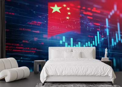 A Chinese flag with a stock market chart, finance, economy and growth data. Wall mural