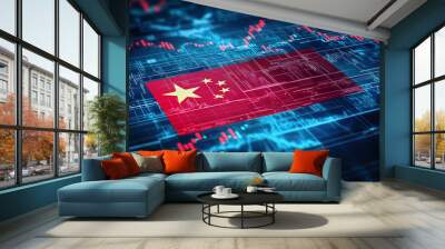 A Chinese flag with a stock market chart, finance, economy and growth data. Wall mural