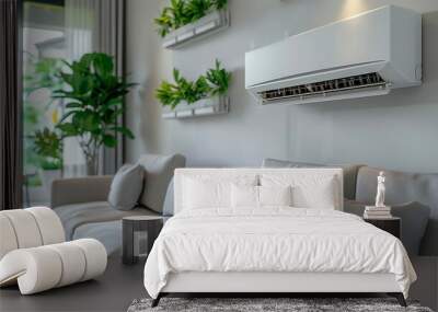 Air conditioner installed on the wall of a modern living room. Air conditioning in a home, pure air, clean air, temperature control, cold or heat.  Wall mural