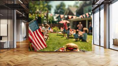 American flag on a patio full of guests enjoying a Memorial Day barbecue, children playing in the background. American family and friends celebrating the 4th of July, Independence Day. Copy space. Wall mural