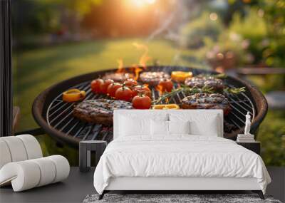 Barbecue of delicious grilled meat and grilled vegetables outdoors. Sunny day, blurred background. Space for copies. Wall mural