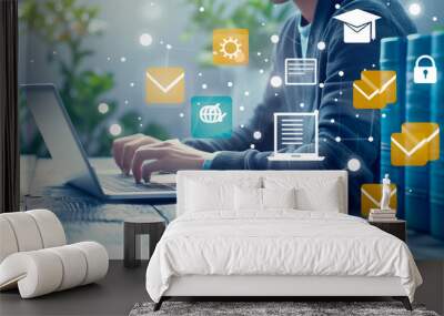 Concept of online education. Man uses web platforms for online training and e-learning webinar on the internet for personal development and qualifications. Developing new knowledge with the help of AI Wall mural