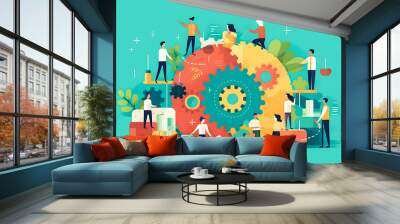 Employees and workers in an ecofirendly environment working in a team, flat vector illustrations. Business team working together for success and growth. Corporate relations and cooperation concept. Wall mural