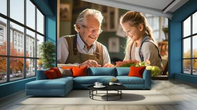 Grandfather doing activities at home with his granddaughter. Grandfather and granddaughter happily playing together. Companionship for the elderly. Generative ai. Wall mural