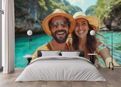 Happy traveling and adventurous couple taking a selfie on their vacation. Concept of fun and travel as a couple or friends. Wall mural