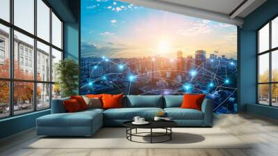 Modern city with communication network. Online connection and data traffic. Telecommunications and technology background. Wall mural