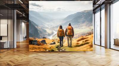 Mountain scenery with a couple of hikers on their backs walking with their backpacks and mountain clothes. Nature and mountaineering. Copy space Wall mural