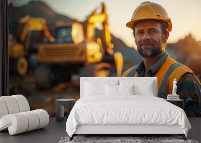 Portrait of a foreman or site supervisor wearing a hard hat, digital tablet and safety uniform. Construction site with excavators and machinery in the background. Copy space. Wall mural