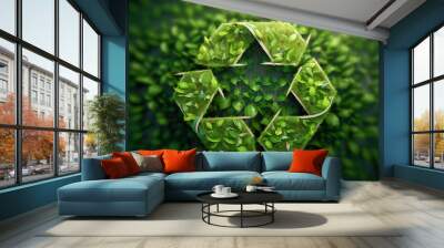 Recycling logo or symbol integrated in nature with green leaves. Concept of recycling, sustainability, ecology and care of planet earth. Wall mural