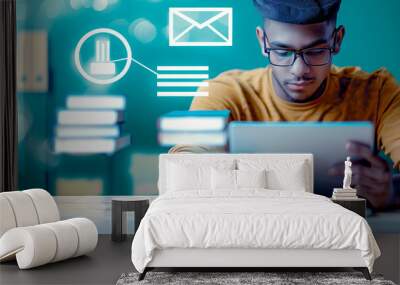 University student using digital tablet or laptop, concept of online education and training. E-learning, personal development and professional qualifications. Online training, studies and courses. Wall mural