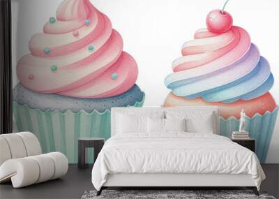 Watercolour cupcake clipart, sweet pastel color transparent background png Wall mural