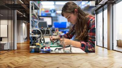 A young woman is working on electronic components using tools to solder the circuit board in an engineering lab Wall mural