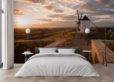 Exterior view of windmills on landscape in spring at sunset in Alcazar de San Juan, Ciudad Real, Spain Wall mural