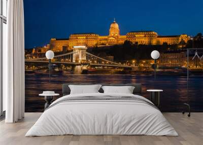 The famous Chain bridge with the castle in the background at night, Budapest, Hungary Wall mural