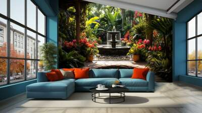 Tropical garden with fountain in center. Wall mural