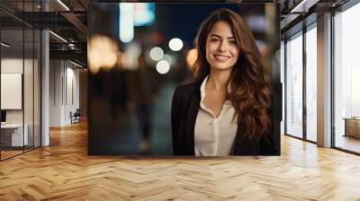 Beautiful business lady in middle of street with bokeh effect Wall mural