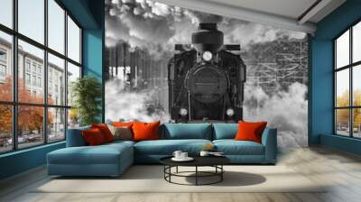 Historic locomotive leaving the station. Retro train on the rails. Sky full of smoke. Image in black and white. Wall mural