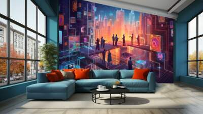 Futuristic business scene showcasing a diverse group of professionals collaborating with artificial intelligence to optimize workflow and analyze complex data. Illustration. Generative AI. Wall mural