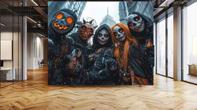 A group of five individuals in dark outfits and elaborate, spooky masks stands in an urban setting, showcasing a Halloween or horror theme. Wall mural