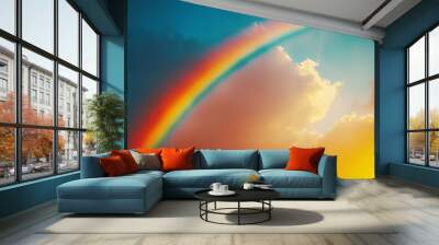 Vibrant Rainbow Arching Across Cloudy Sky Wall mural