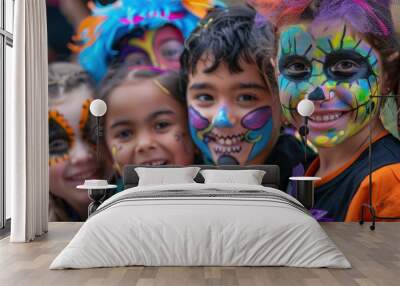 A group of children are wearing face paint and smiling for a picture Wall mural