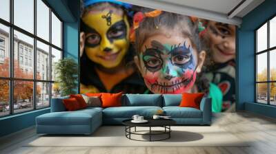 A group of children with painted faces, one of them with a skull design Wall mural