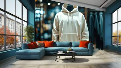 A mannequin is standing in a clothing store with a white hoodie on Wall mural