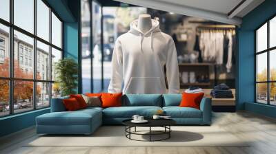 A mannequin is standing in a clothing store with a white hoodie on Wall mural