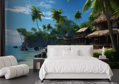 beach with palm trees and village Wall mural