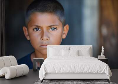 Young Boy With Short Haircut and Blue Shirt Wall mural