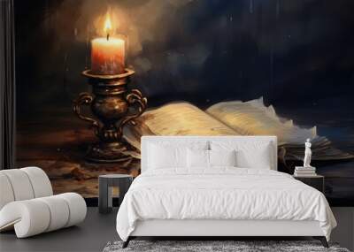 Flickering candle, illuminating an old book, gothic tale, Watercolor style Wall mural