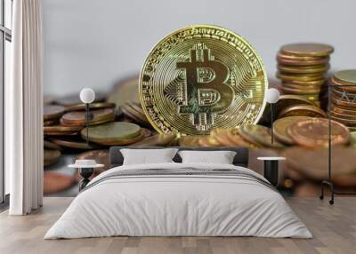 golden Bitcoin cryptocurrency and coin stack, Crypto is Digital Money within the blockchain network, is exchanged using technology and online internet exchange. Financial concept Wall mural