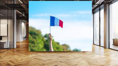 hand holding France flag on blue sky background. holiday of French National Day, Bastille Day and happy celebration concepts Wall mural