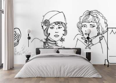 Art Deco woman. Roaring girl drink wine and coffee. 1920s Gatsby female at the holds a glass of cocktail in her hand. Flappers women set. Retro style linear hand drawn vector illustration Wall mural