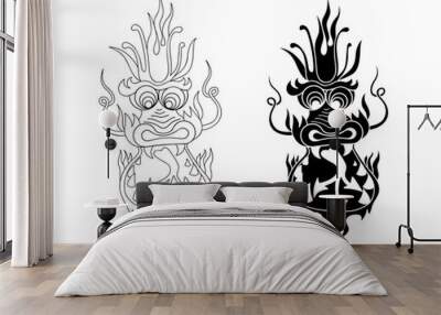 Hand Drawn Dragon Head silhouette. Chinese dragon new Year. Black and white Traditional Japanese dragon. Cartoon style vector illustration. Wall mural