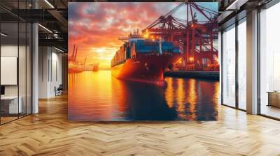 A massive cargo ship laden with containers is docked at an industrial port as the sun sets, casting an orange glow over cranes and bustling maritime activity. Wall mural