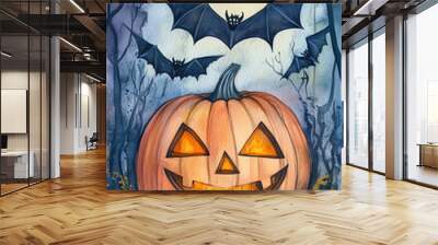 halloween pumpkin with bats and moon Wall mural