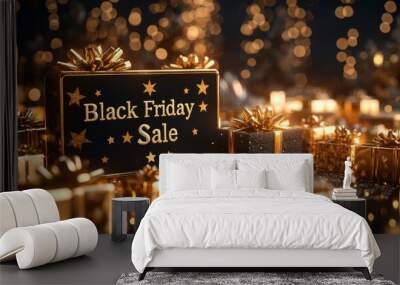 This image shows a Black Friday sale sign surrounded by beautifully wrapped gifts with sparkling lights, emphasizing the festive atmosphere of holiday shopping. Wall mural