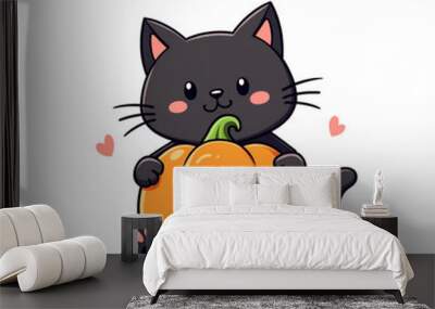  cat is sitting inside a carved pumpkin with a smiling face. Wall mural